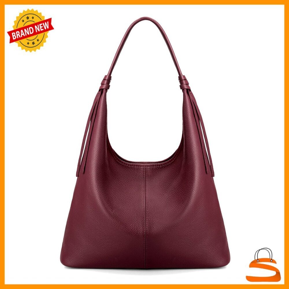 Genuine Leather Slouchy Hobo Tote Bag with Tassel Ribbon and Magnetic Closure